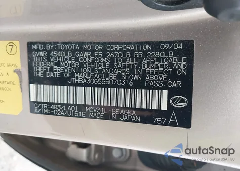 2005 Lexus Es 330 from USA, damaged, VIN JTHBA30G555070316